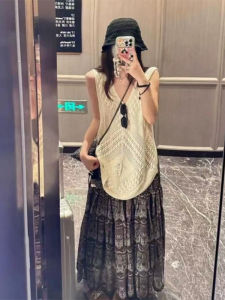 YUEZHONGWEI | เสื้อกั๊กแขนกุดผ้าไหมน้ำแข็งถักคอวีสีขาวสไตล์ฝรั่งเศสสำหรับผู้หญิงในฤดูร้อน เสื้อคลุมกันหนาวหลวมๆ แขนกุด