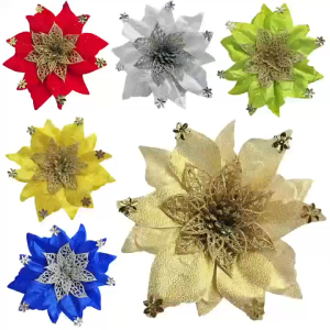 12Pcs Glitter Artificial Flowers Merry Christmas Ornaments Xmas Tree Decorations 12 leaves christmas decor for Home HIEM