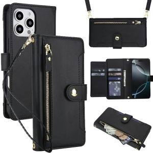Card Case For iPhone15 Pro Max With diagonal strap lanyard Flip Leather Cover With Card Holder Mobile Phone Shell Coin Purse Case For iPhone 16 pro max 14 PRO MAX 17 Pro Max 14 15 16 Plus 13 12 11 promax X XR XS 16E 17 Air Casing With Wallet Bag