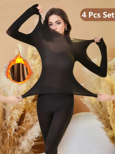 4 Pieces Seamless Lightweight Womens Warm Lingerie Set Ultra-Thin High elasticity Long Sleeve Slim Fit Top and Pants Sleepwear