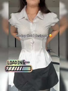 Korean Pinstripe Polo Collar Short Sleeve Blouse 3 Color Tie Back Slim Top