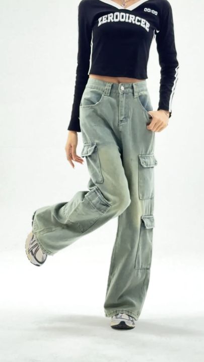 Celana Cargo Denim Wanita Vintage Celana Panjang Wanita Celana