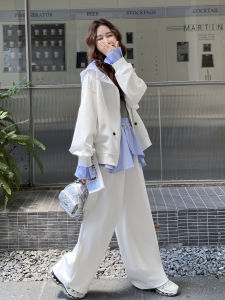 White Striped Patchwork Fake Two-Piece Set Womens Wide Leg Pants Two-Piece Set Casual Style Autumn New Arrival