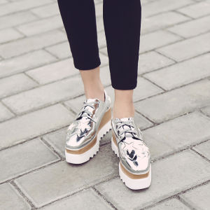 Daily Special Offer: XINGX Platform Shoes Women Platform Slanted Heel Square Toe Single-Layer Shoes Lace-up Height Increasing High Heels Silver