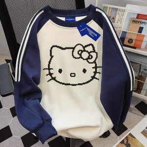 Heavy Weight American Contrast Color Three Bars Patchwork round Neck Sweatshirt Female Autumn and Winter Loose Couple Cartoon Print Top Trendy