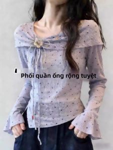 Loowmane | Áo Thun Chấm Bi Tím Elegance Tay Voan Hở Vai