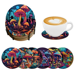 5/6 Pieces of round Coasters fir flower Pattern with bracket Wooden material Suitable for outdoor cafe desktop Decoration