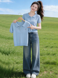 Shalldoer | Light Blue Polo Collar Knitted Embroidered Short Sleeve T-shirt