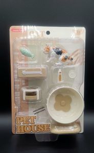 Toy Cat Pet House Set with Fish Cat Figurine Food Bowl Litter Box and Scratching Post.