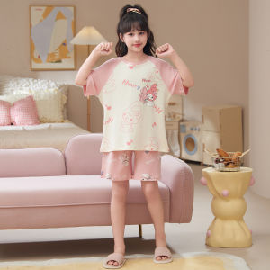 Miiow | Pure Cotton Summer Lightweight Short Sleeve Childrens Sleepwear Set For Girls Cat Girl Cartoon Cute Style Home Clothes