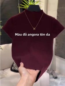 DVDK | Wine Red Half-High Collar Short Sleeve Womens T-Shirt