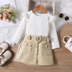 SETELAN ANAK PEREMPUAN IMPORT KOREAN STYLE 3IN1 BLOUSE LONG SLEEVE SKIRT LEATHER AND BELT