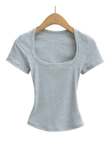 Áo Thun Nữ Cổ Vuông Slim Fit Crop Top Co Giãn Cao Tay Ngắn Áo Thun Mùa Hè Thông Thường Dành Cho Tuổi Trung Niên