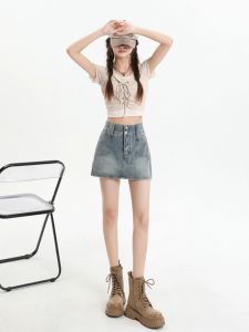 Váy Mini Denim Cạp Cao Cho Nữ Mùa Hè Dáng Chữ a Dáng Rộng Che Mông Chống Hở Hang
