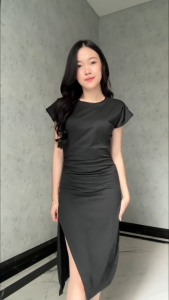 white dress plus size xl black fitted dress with slit vintage midi casual plain Korean summer outfit