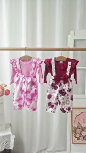 0-18Months Baby Girl Clothes Set Red Color Long Sleevs Bodysuit + Flower Strap Pants 2PCS Infant Girl New Years Clothing Suit