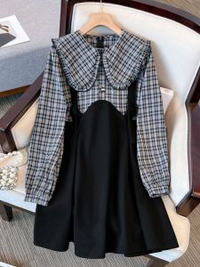 Stylish Doll Collar Plaid Stitching Fake Two-Piece Skirts Female Autumn Plus Size Plus Size Ladies Fashionable Sweet Slim Looking Dress