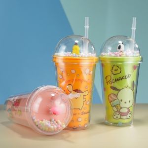 Anime Sanrio Pochacco Water Bottle Hello Kitty Melody Kuromi Cinnamoroll Pom Pom Purin Double-layer Plastic Cup Portable Sports Mug Girls Birthday Christmas Gift
