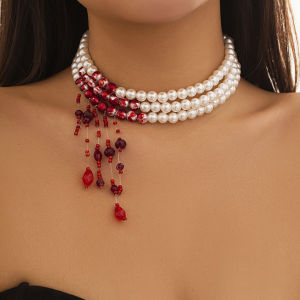 Ingemark | Multilayer Vintage Red Blood Pattern Imitation Pearl Tassel Pendant Necklace for Women Goth Crystal Bead Chain Halloween Jewelry