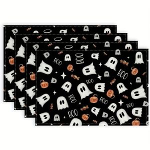 VIKAMA Halloween Ghost Pumpkin Placemats Bộ 2/4/6 Thảm Trải Bàn Chịu Nhiệt Có Thể Giặt Được Thẩm Mỹ Nhà Bếp Trang Trí Phòng Ăn Polyester
