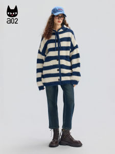 เสื้อสเวตเตอร์ถักมีฮู้ดแบบหลวมๆ สำหรับผู้หญิง ฤดูหนาว 2025 ใหม่ เสื้อคาร์ดิแกนหนา อบอุ่น แขนยาว ปกติ ลายทาง เสื้อสเวตเตอร์ถัก