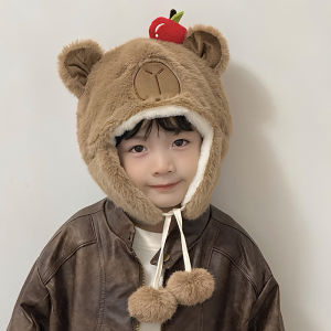 Warm Winter Hat for Boys Cute Cartoon Design Non-Folding Elastic Band Closure Ear Protection Thickened Cotton Travel Outdoor Cap
