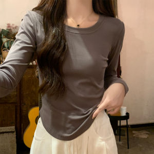 Elegant round Hem Long Sleeve Womens T-Shirt U-Neck Slim Fit Base Shirt Short Style Korean Version Cotton Casual Wear