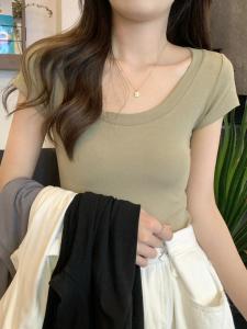 Casual Solid Color Short Sleeve T-Shirt Womens Base Shirt Summer Slim U-Neck Student Top Trendy Ins Inner Wear Commute Style
