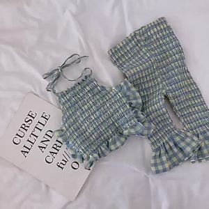 BabyKids Plaid Halter Top & Bell Bottom Pants Set Kids Girl Suit 2-8 Years Set Baju Budak Perempuan