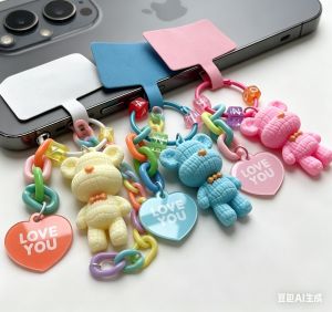 Cartoon Bear Cute Flower Hanging Phone Chain for IPhone Women Girls Phone Charm Bracelet Strap Anti-Lost Ring Jewelry Keychain
