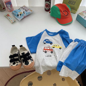 Cartoon Car Print Splicing Color Block Short Sleeve Shorts Set Loose Casual Comfortable Sports Two Piece Set for Boys And Girls