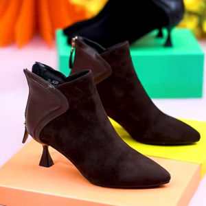 Sheep Suede High Heels Womens Thin Heel Autumn Winter New Pointed Toe Fleece Short Boot Low Heel Fashionable Business Boots