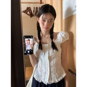 Loose Lace Short Sleeve Womens Shirt Bubble Sleeve Two-Way Design Beautiful Top Korean Style Summer White Sòng Zhèngēn