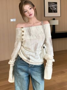 GUZILIAN | Elegant Long Sleeve Knitted One Shoulder Top Womens Base Layer Shirt Slimming Top Autumn Winter Commute Style Korean Version