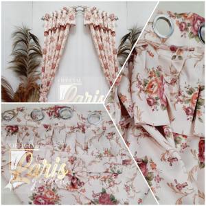 Gorden Jendela Pintu Kamar Minimalis Motif Bunga Shabby Ungu Model Smokering Poni Rumbai blackout85%