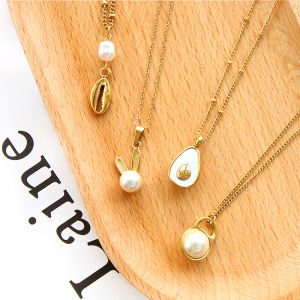 LUXUSTEEL Vintage Natural Shell Avocado Pendant Necklace Stainless Steel Waterproof Beads Collar Exquisite Jewelry for Women