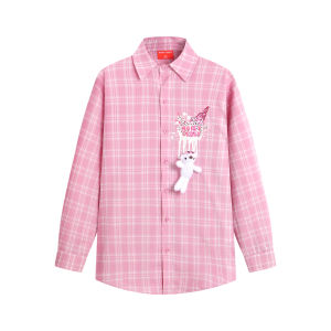 3D Bear Design Lady Plaid Long Sleeve Shirt