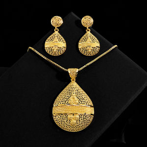 SEQUITO French Style Modern Brides Gold Plated Jewelry Set Statement Large Pear Drop Pendant Necklace Dangle Earrings Dance Party Decoration SJ426