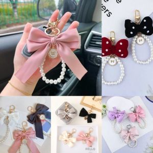 Bow Pearl Chain Keychains Phone Lanyard Keyrings Handbag Pendant Car Key Holder Accessories Gifts
