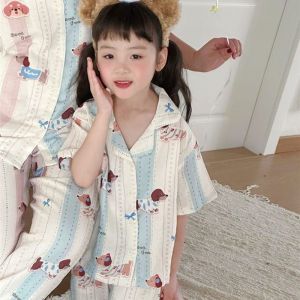 Spring Summer Thin Cotton Pajamas for Girls Short Sleeve Turn-down Collar Long Pants Open Cardigan Childrens Home Clothes Set