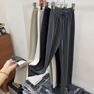 High Waist Knitted Fleece Womens Wide Leg Pants Drawstring Slim Straight Long Trousers Trendy Korean Style Casual Pants