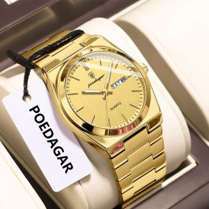POEDAGAR Fashion Classic Man Watch Waterproof Luminous Date Week Luxury Men Watch Stainless Steel Quartz Business Mens Watches