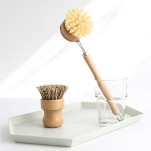 Retro Solid Wood Handle Plant Fiber Brush Cleaning Brush Handle Grip Brush Bowl Dish Wok Brush Long Handle Dishwashing Brush Brush Pot
