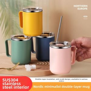 Insulated Stainless Steel Mug with Lid Large Capacity Office Nordic Style