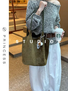 Olive Green Suede Bucket Tote Bag Womens New 2025 Fashion Soft Handle Retro Design Single Shoulder Large Capacity Bag