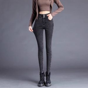 High Waist Fleece Lined Slim Fit Denim Jeans Womens Autumn Winter 2023 New Style Slimming Warm Elastic Pencil Pants