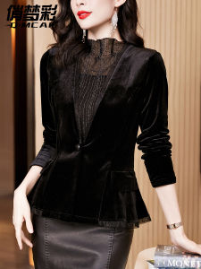 เสื้อสูทผ้ากำมะหยี่สีดำหรูหราสำหรับผู้หญิง เสื้อโค้ทสั้นทรงสลิมฟิต แขนยาว ปกเสื้อสูทแบบสวมหัว