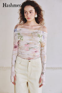 Hashmere Romantic French Style Spring Printed off Shoulder Elastic Skin-friendly Soft Folded Edge One-Shoulder Base Top T-shirt