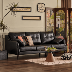 Italian Style Luxury Black Leather Sofa Three-Seater Living Room Minimalist American Vintage Straight Row Couch