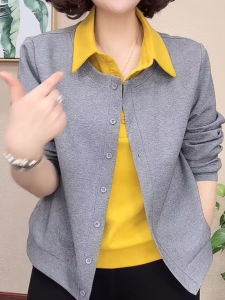 Spring Autumn Loose Fit Long Sleeve Shirt Cardigan Outerwear Fashionable Casual Collar T-Shirt Womens Versatile Top